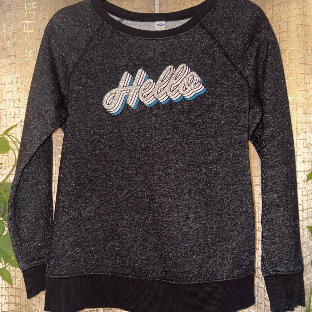 Old Navy Black Sweater with Multicolor 'Hello' Design